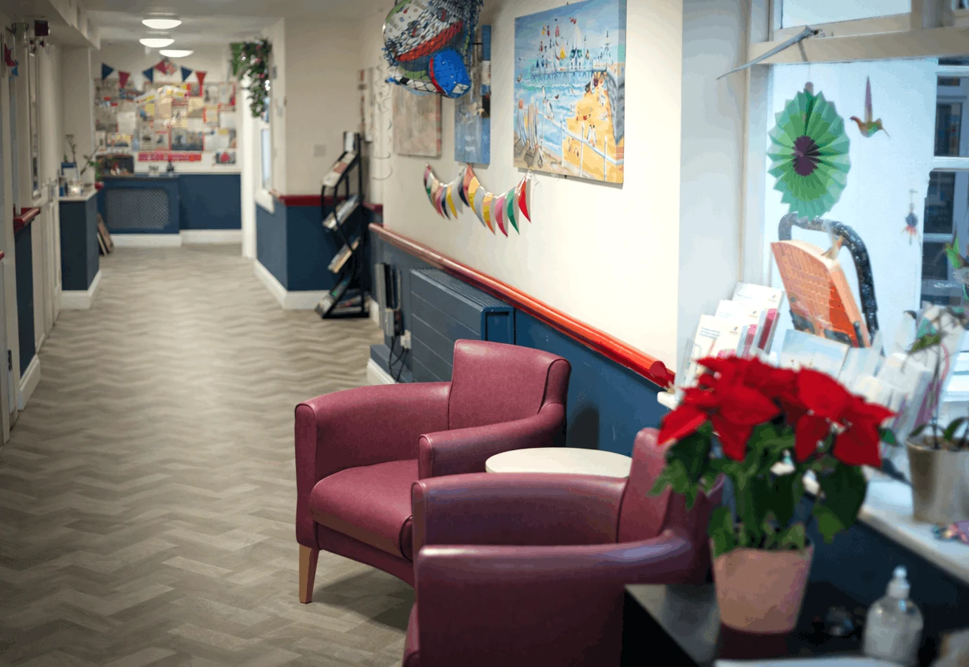 Warm reception area with soft seating